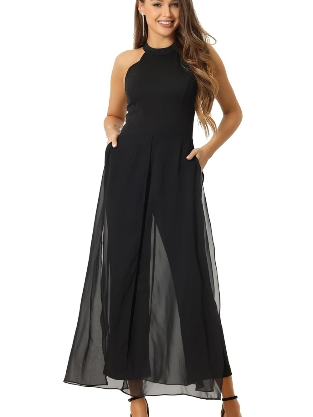 Allegra K Black Halter Neck Wide-Leg Jumpsuit with Sheer Panels